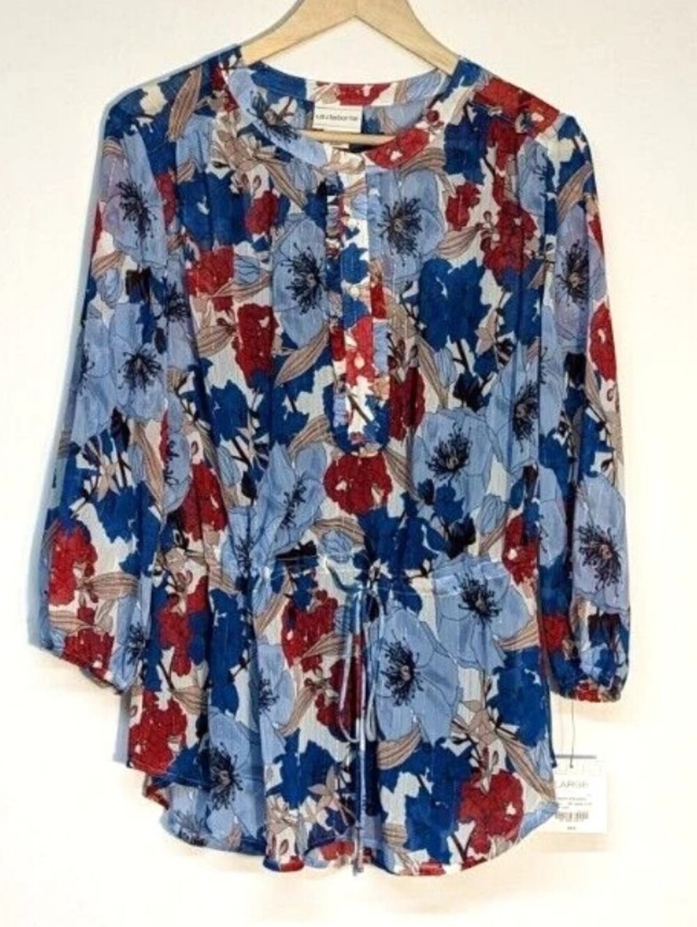 NWT LIZ CLAIBORNE Sheer Blue Floral Metallic Button-Front Blouse - Blue & Red